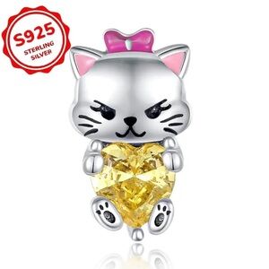 Pandora 925 Sterling Silver Cat Charm with Yellow Heart and Pink Bow